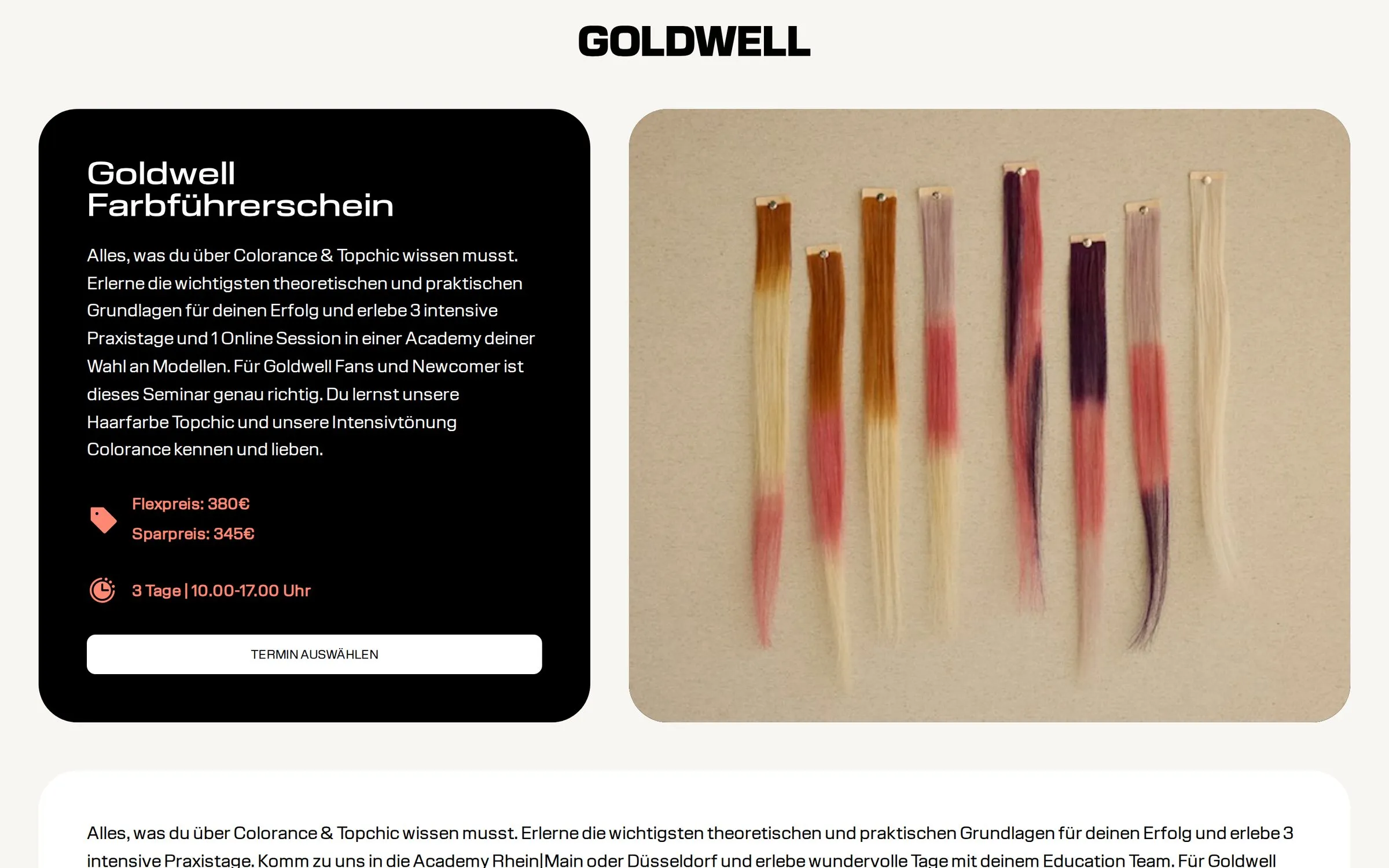 Seminarseite zum Goldwell Farbführerschein mit Flex- und Sparpreis, Dauer und Button zur Terminauswahl